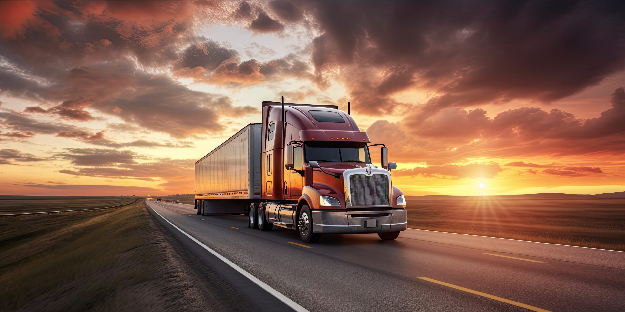 A truck rides on the highway during sunset